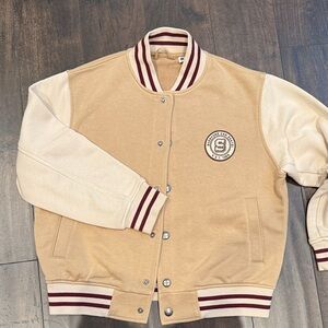 Uniqlo Tan and Cream Varsity Jacket with Maroon Accents